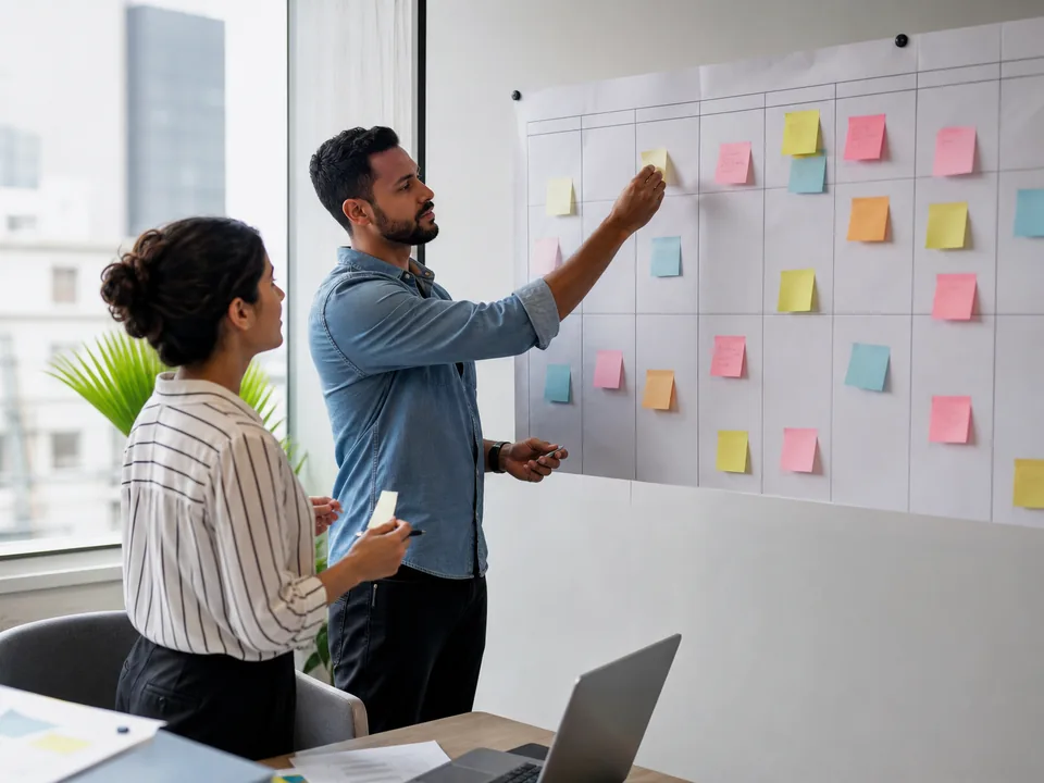 Two marketers arranging sticky notes into a weekly content calendar on a wall planner