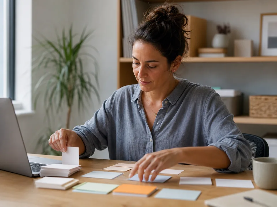 Content strategist sorting printed customer questions into groups at her desk