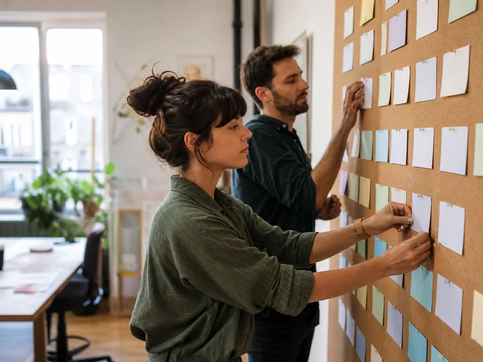 Two content marketers sorting printed keyword groups into a publishing calendar on a wall