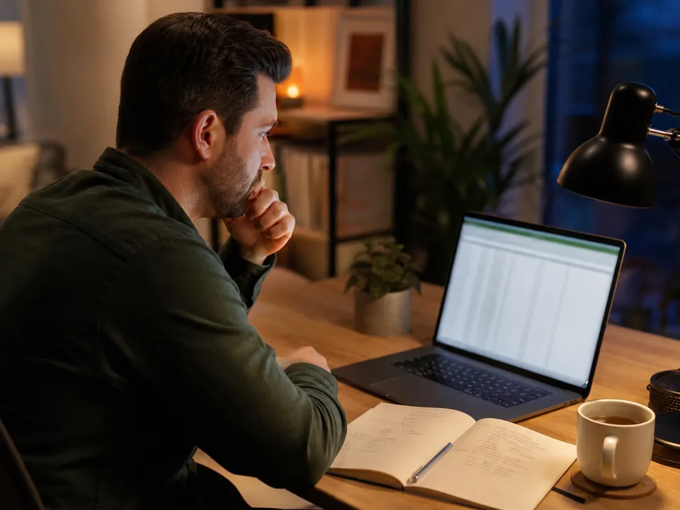 Niche site owner reviewing a long list of low competition keywords on a laptop at a home office desk