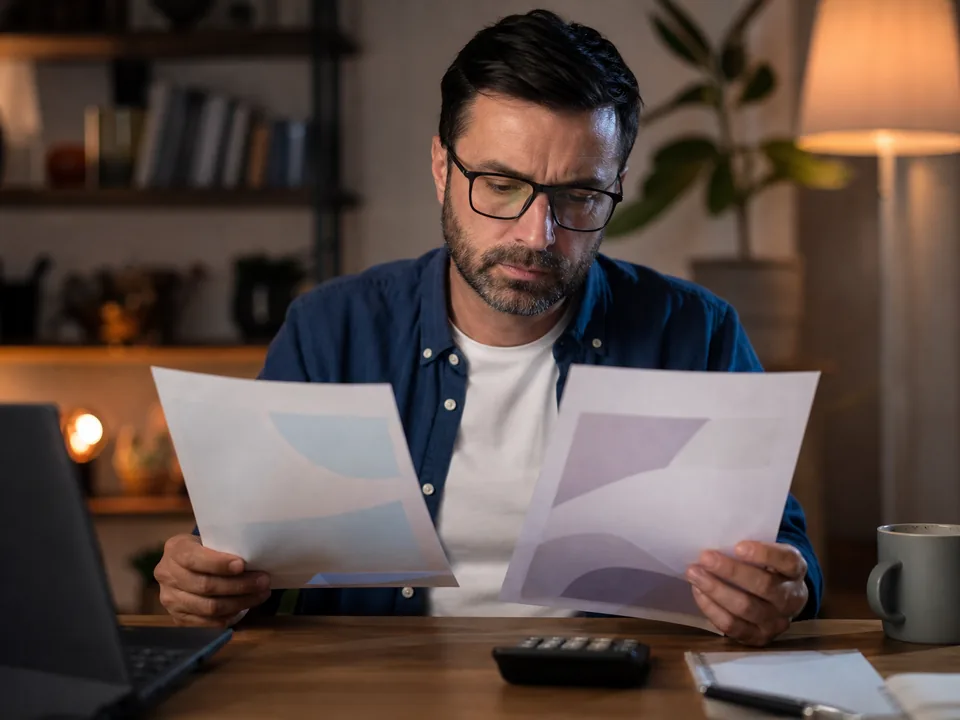 SEO consultant comparing two printed subscription price sheets with a calculator