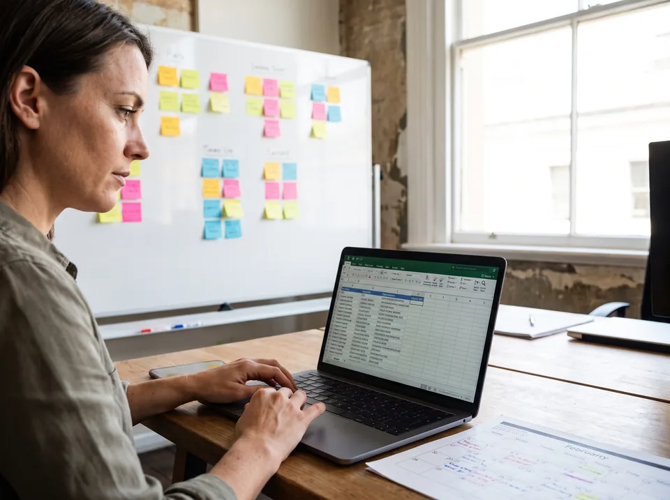 Marketing manager grouping keyword research into content clusters on a whiteboard