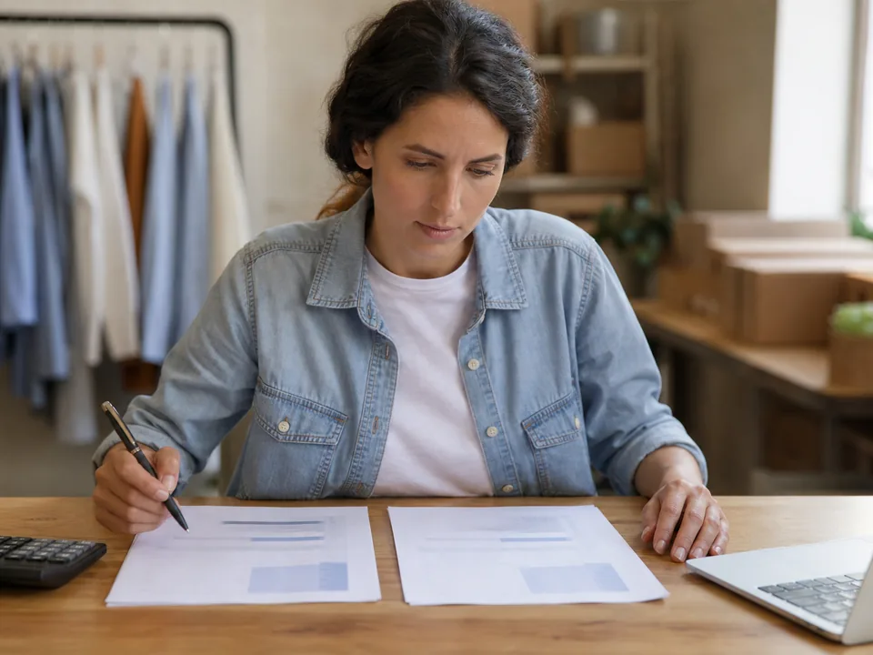 Small business owner comparing two software subscription invoices at a desk with a calculator